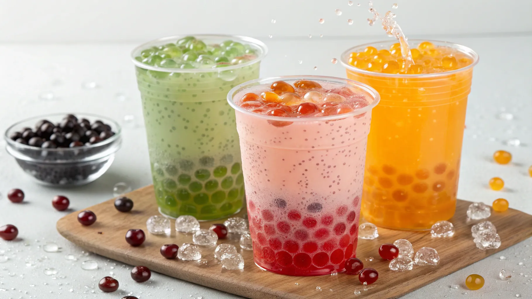 Close-up of colorful watermelon popping boba pearls in a glass, bursting with juicy flavor
