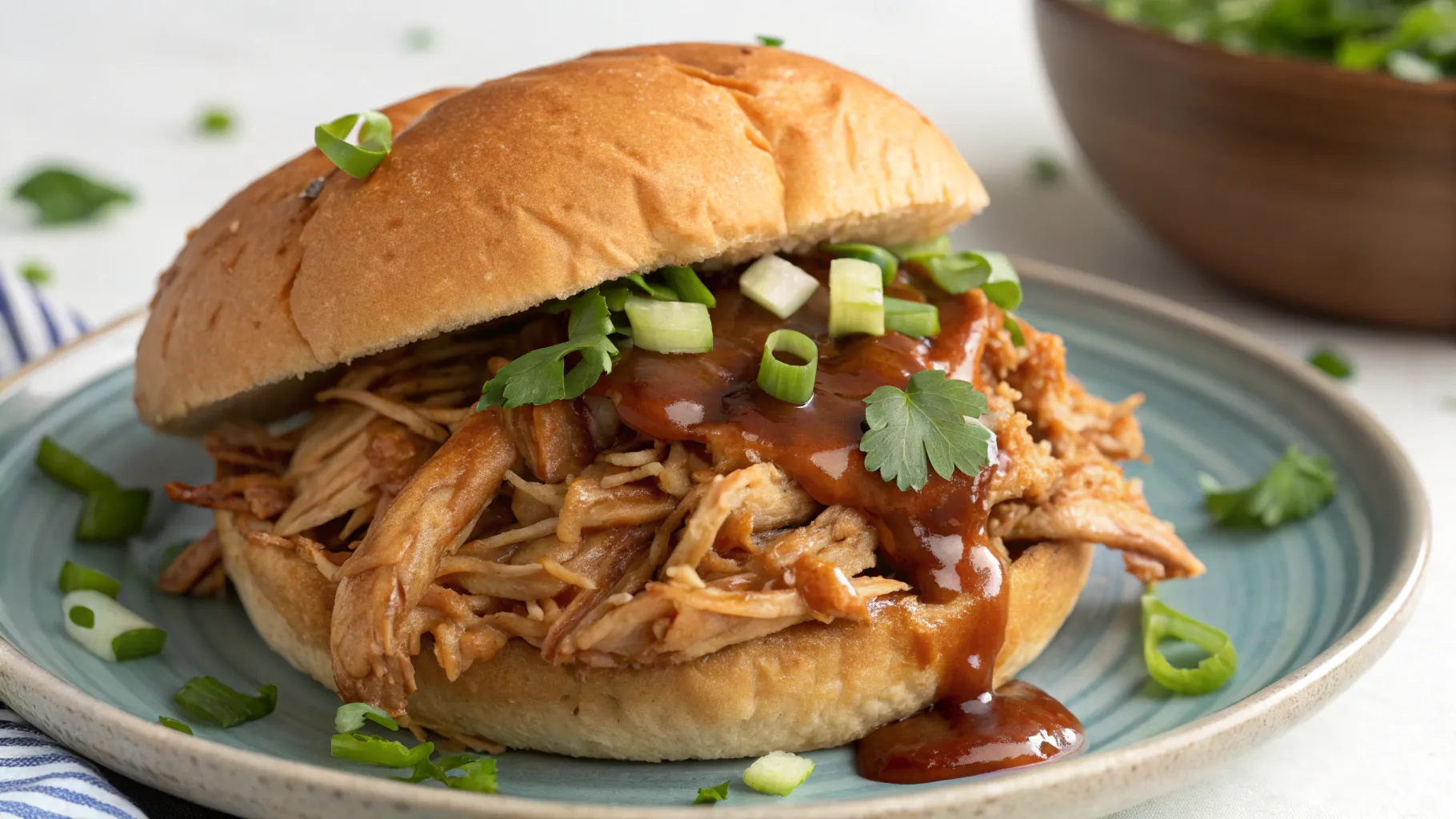 Juicy shredded Crockpot BBQ chicken in a bowl, ready for sandwiches or sliders