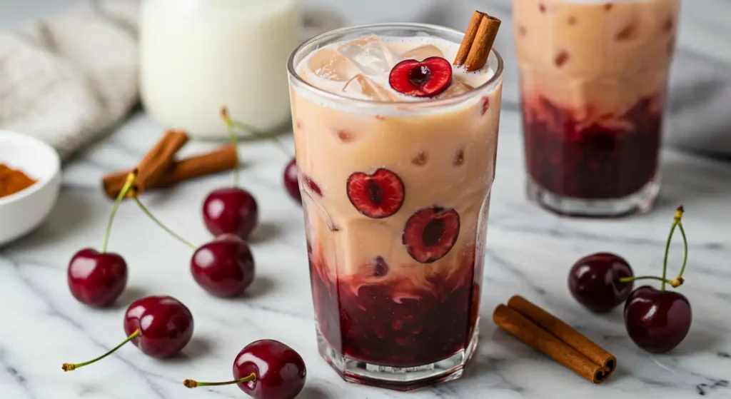 A glass of Cherry Earl Grey Milk Tea, iced and garnished with fresh cherries and a sprig of mint, showing the creamy swirl of milk and tea, placed on a wooden table with a cozy background.