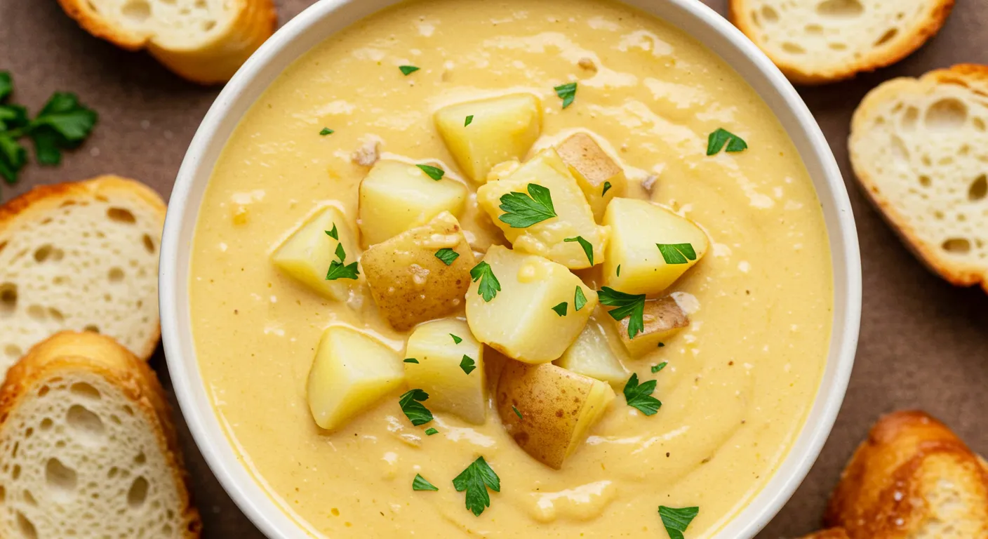 Bowl of creamy Cheddar Garlic Herb Potato Soup garnished with parsley and shredded cheddar