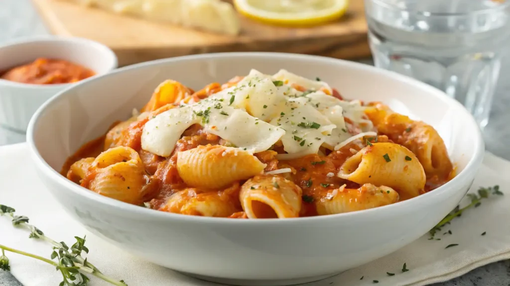 Delicious cheesy chicken pasta served in a creamy sauce with fresh herbs