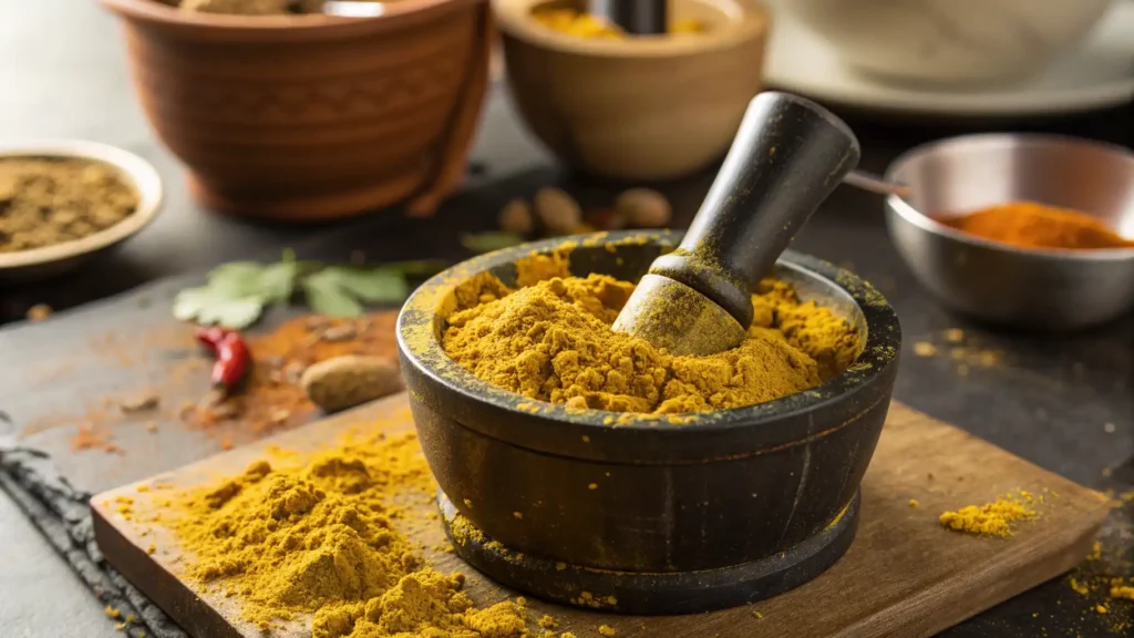 Jar of homemade vegetable bouillon powder with dried vegetables and herbs around it