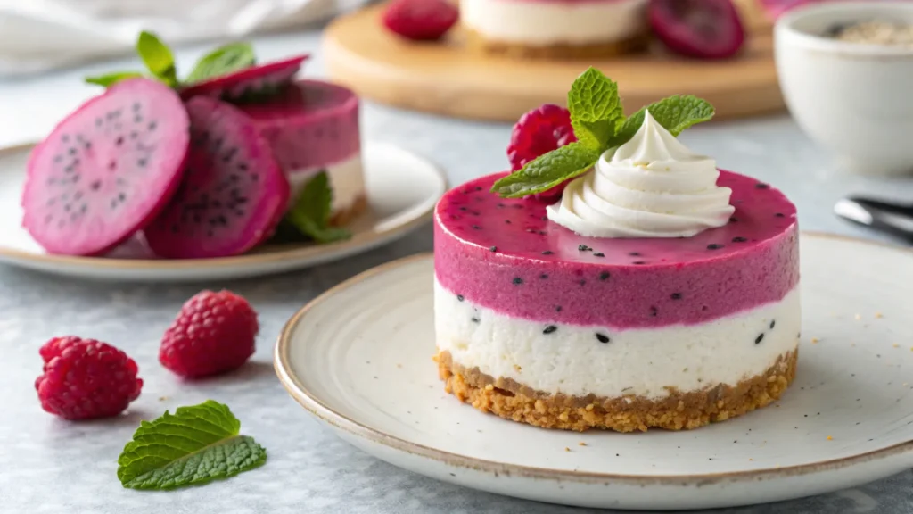 A tray of colorful no-bake dragon fruit mini cheesecakes, topped with fresh dragon fruit cubes and mint leaves, showing creamy texture and vibrant pink color.