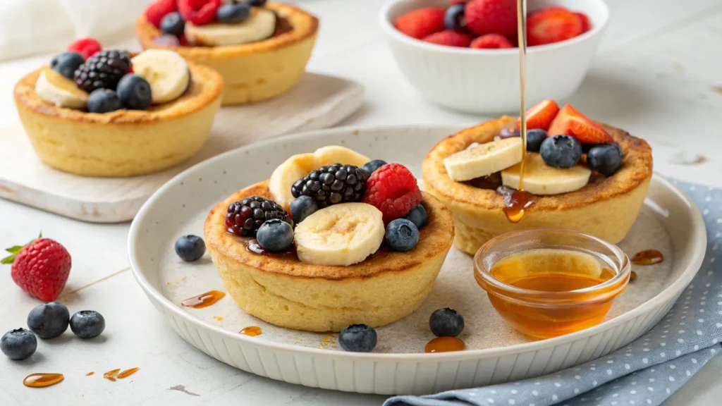 Baked protein pancake bowls topped with fresh berries and syrup, served in a bowl for a healthy breakfast.