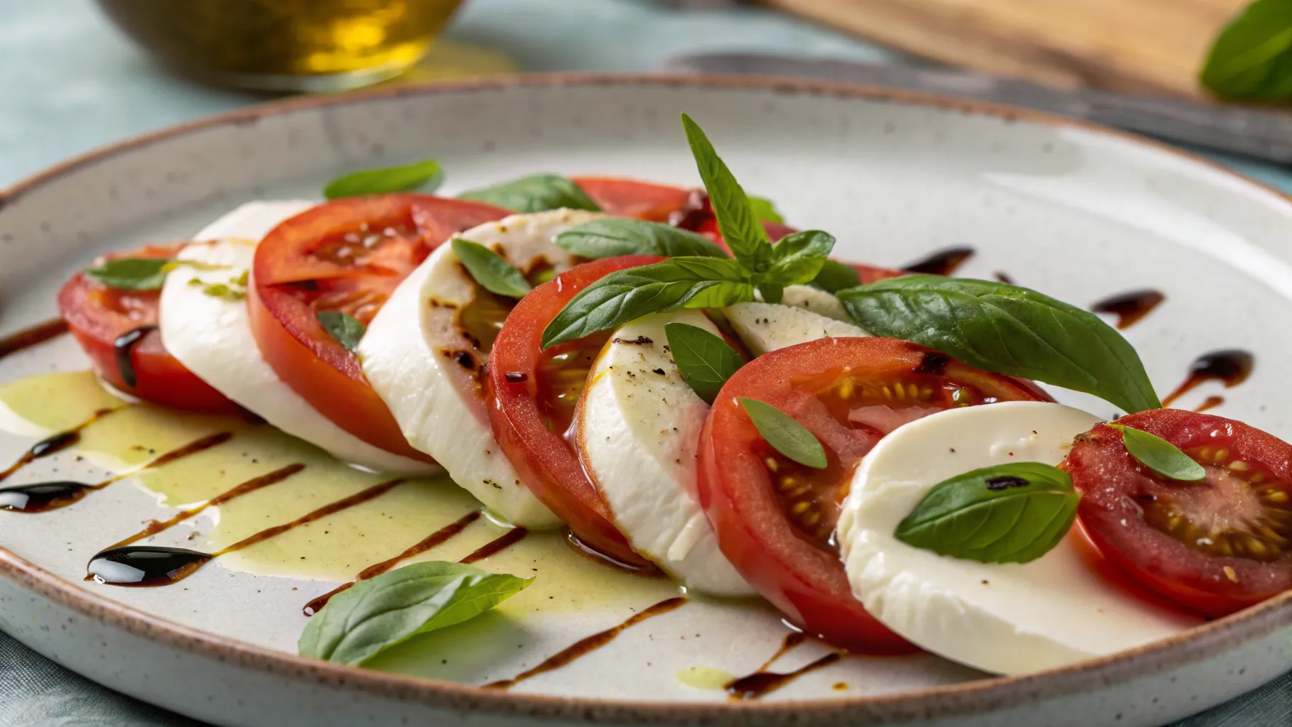 Fresh Caprese Salad with ripe tomatoes, creamy mozzarella, and basil drizzled with olive oil and balsamic glaze