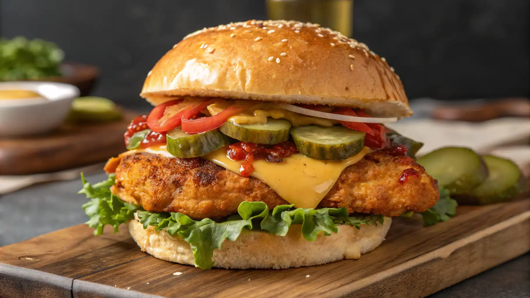 A juicy crack chicken burger topped with melted white cheddar, crispy bacon, and fresh veggies, perfect for family summer meals