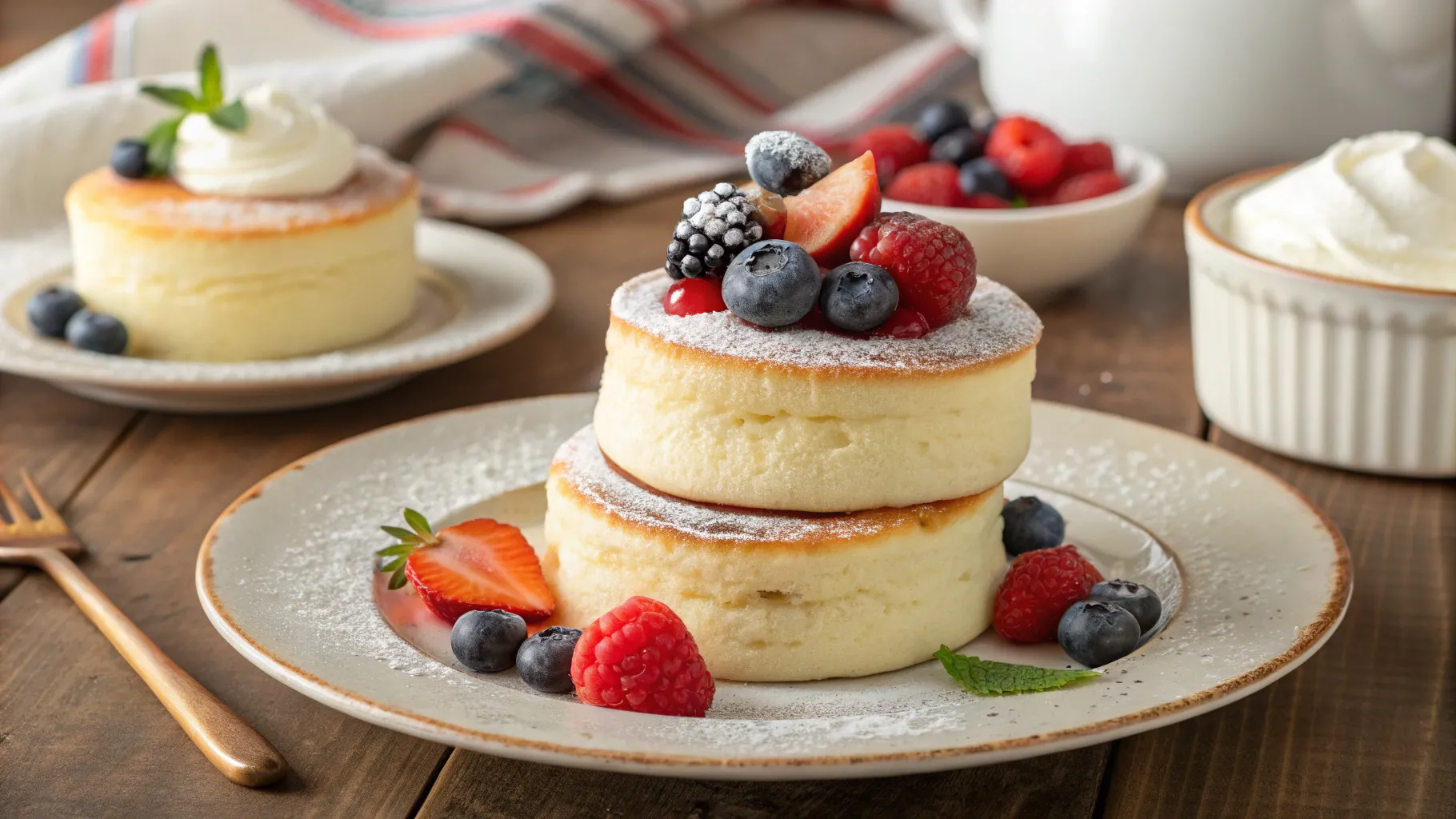 Stack of fluffy Japanese soufflé pancakes with syrup and fresh berries, soft and jiggly texture, perfect breakfast or brunch