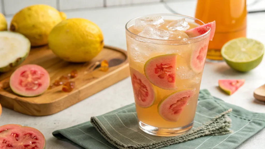 Refreshing glass of Guava White Tea Lemonade with ice, fresh guava slices, and lemon wedges served on a summer table.
