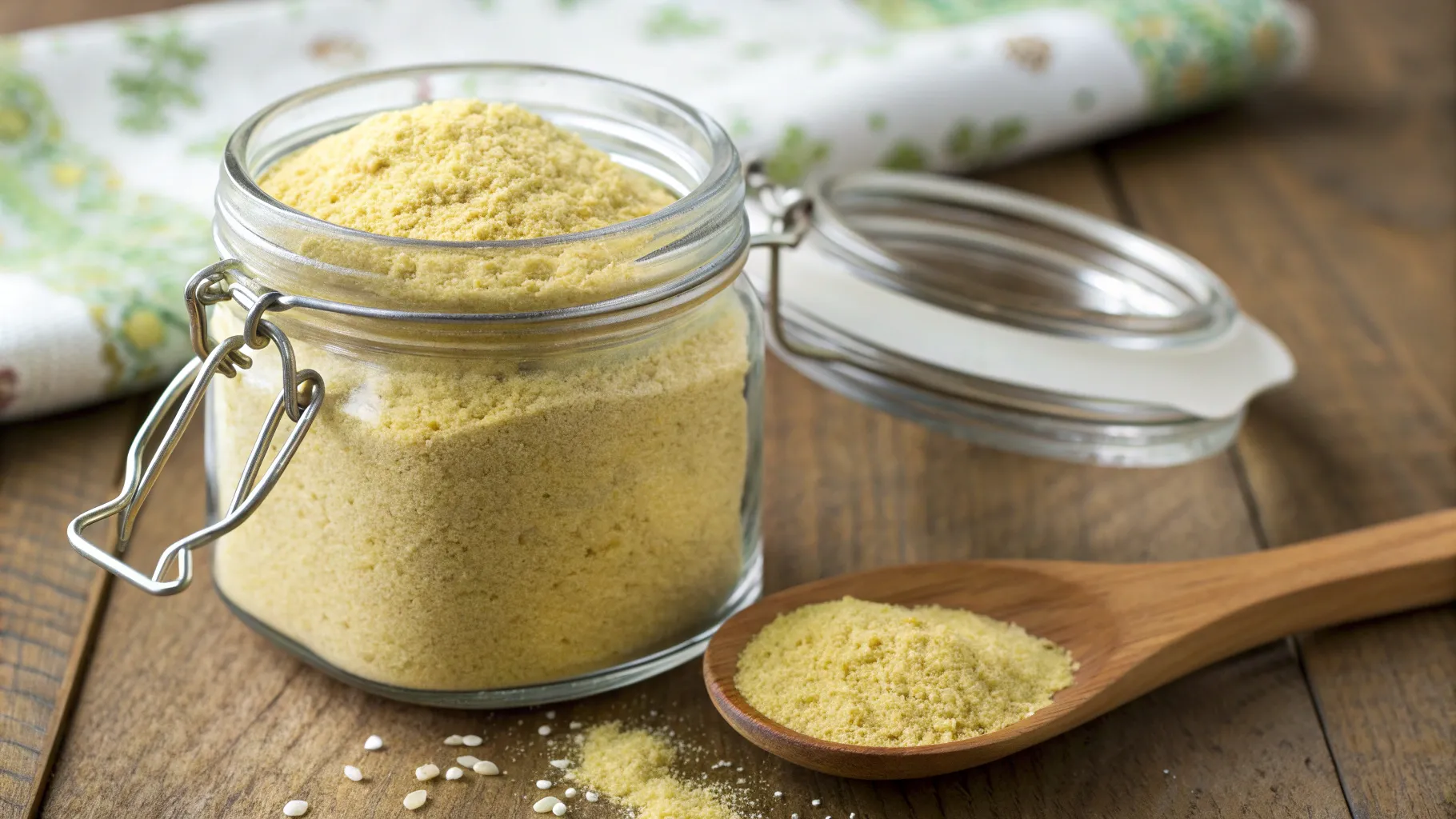 Jar of Homemade Chicken Bouillon Powder with dried herbs and spices on a wooden table