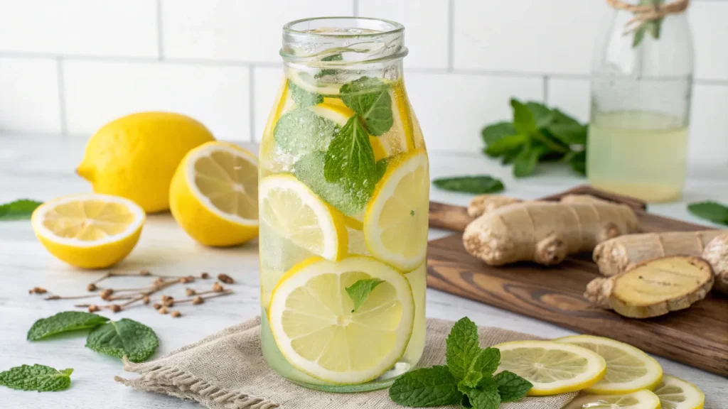 A refreshing glass of Lemon Ginger Detox Water with lemon slices, fresh ginger, and mint leaves, perfect for weight loss and detox.