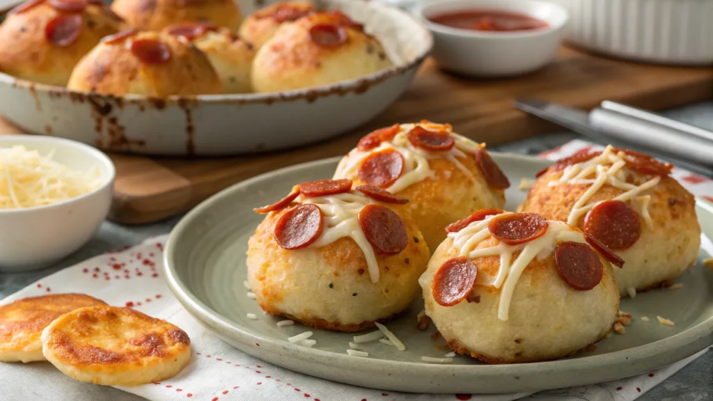 Bite-sized Easy Pepperoni Pizza Bombs with melted mozzarella and mini pepperoni, golden and ready to serve.