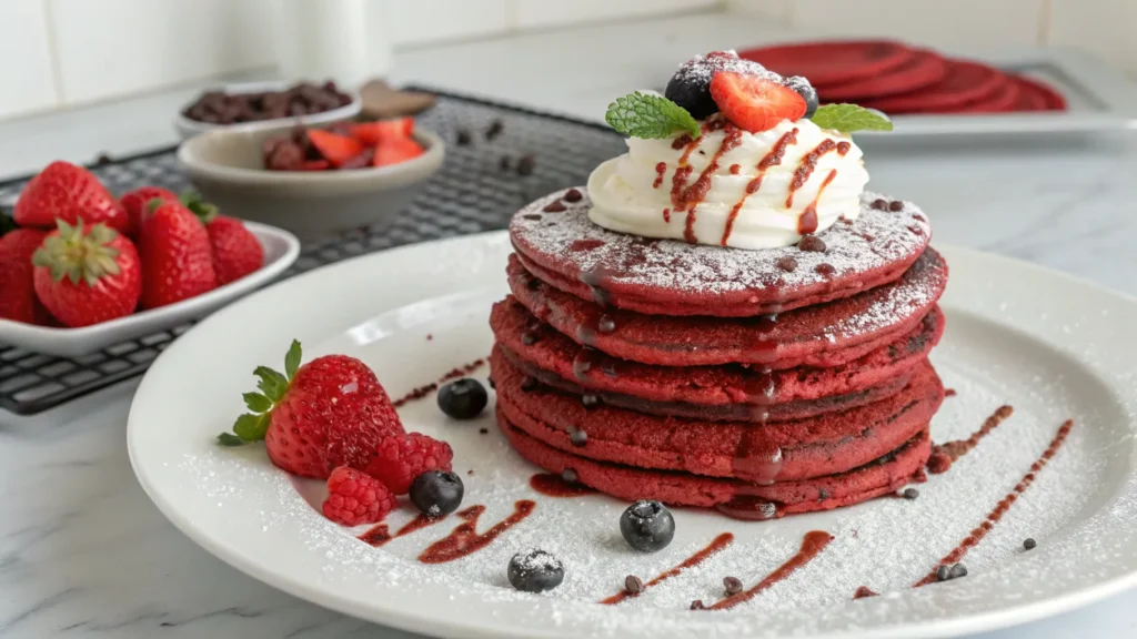 Stack of fluffy Red Velvet Pancakes topped with cream cheese glaze and fresh berries on a white plate.