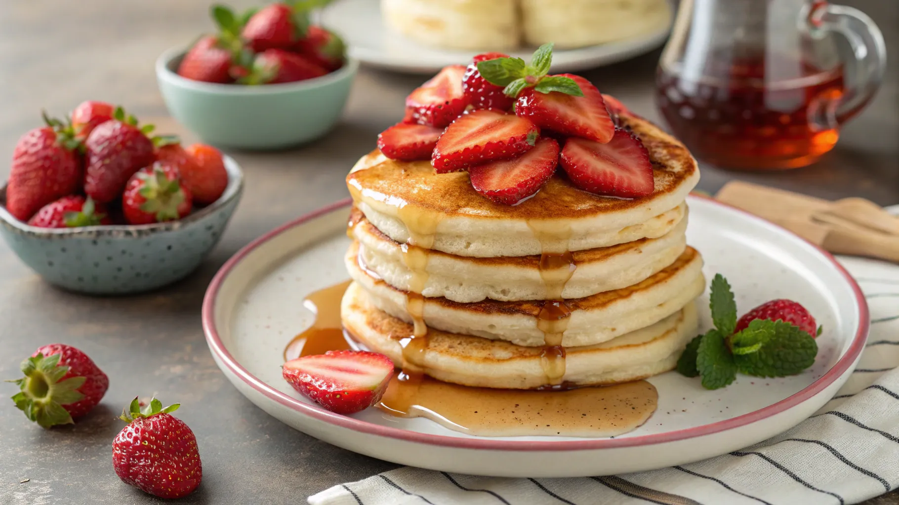 Stack of fluffy strawberry pancakes topped with fresh strawberries and syrup