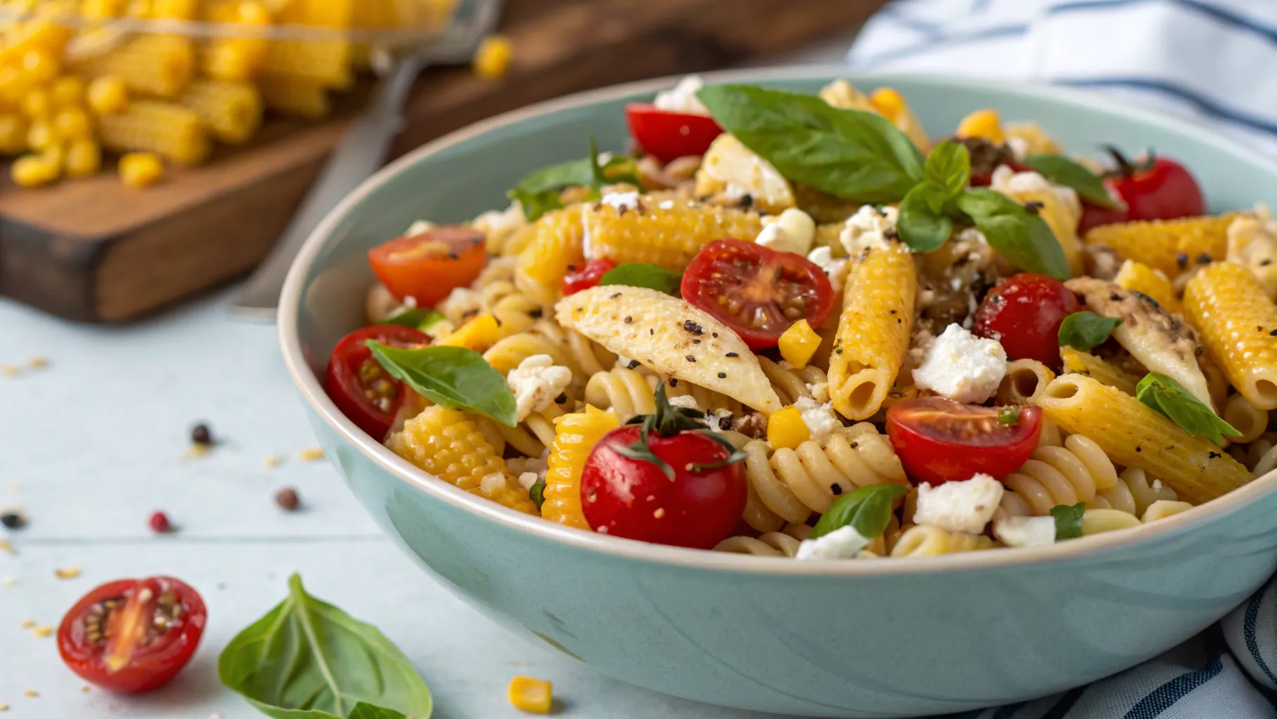 Street Corn Pasta Salad with colorful vegetables, corn, pasta, and fresh herbs in a serving bowl