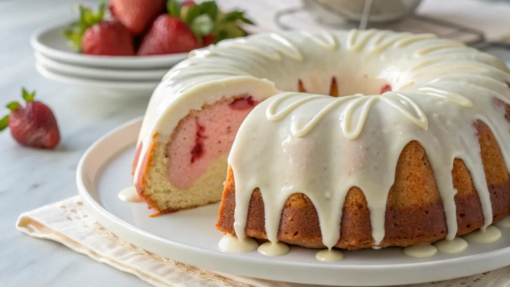 Homemade Strawberry Cream Cheese Pound Cake with fresh strawberries and a creamy texture, served on a white plate.
