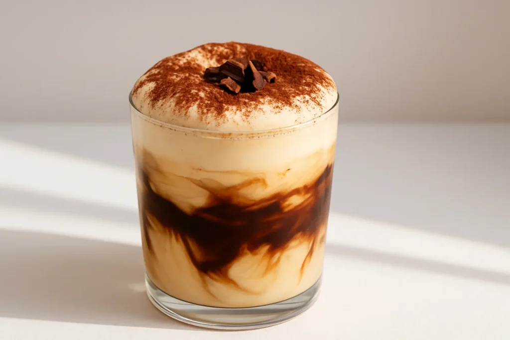 Tiramisu Cold Brew Coffee layered with mascarpone, cocoa powder, and ice in a glass