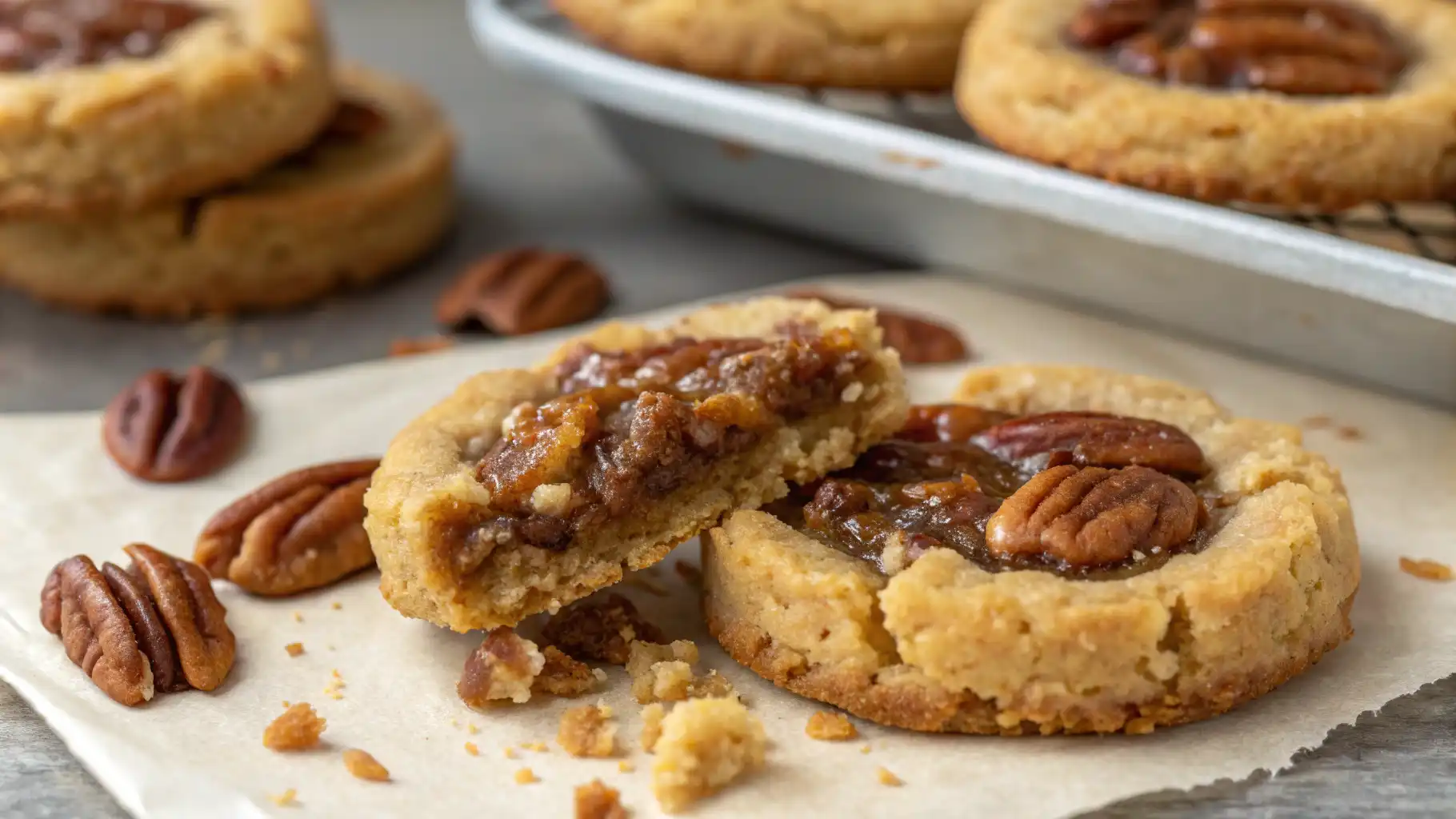 Freshly baked Crumbl Pecan Pie Cookies with gooey caramel pecan topping, served on a cooling rack, perfect for holiday desserts.