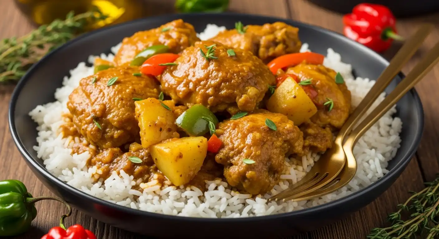 : Authentic Jamaican Curry Chicken served with rice and peas, topped with fresh parsley and vibrant vegetables.