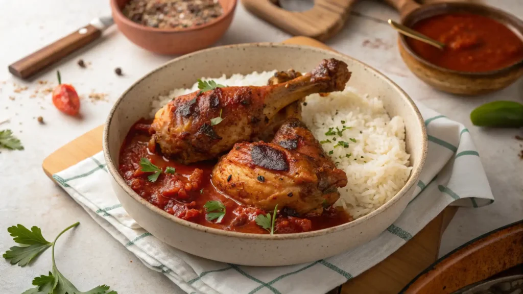 Close-up of Spicy Nigerian Chicken Stew with tender chicken, rich tomato sauce, and peppers