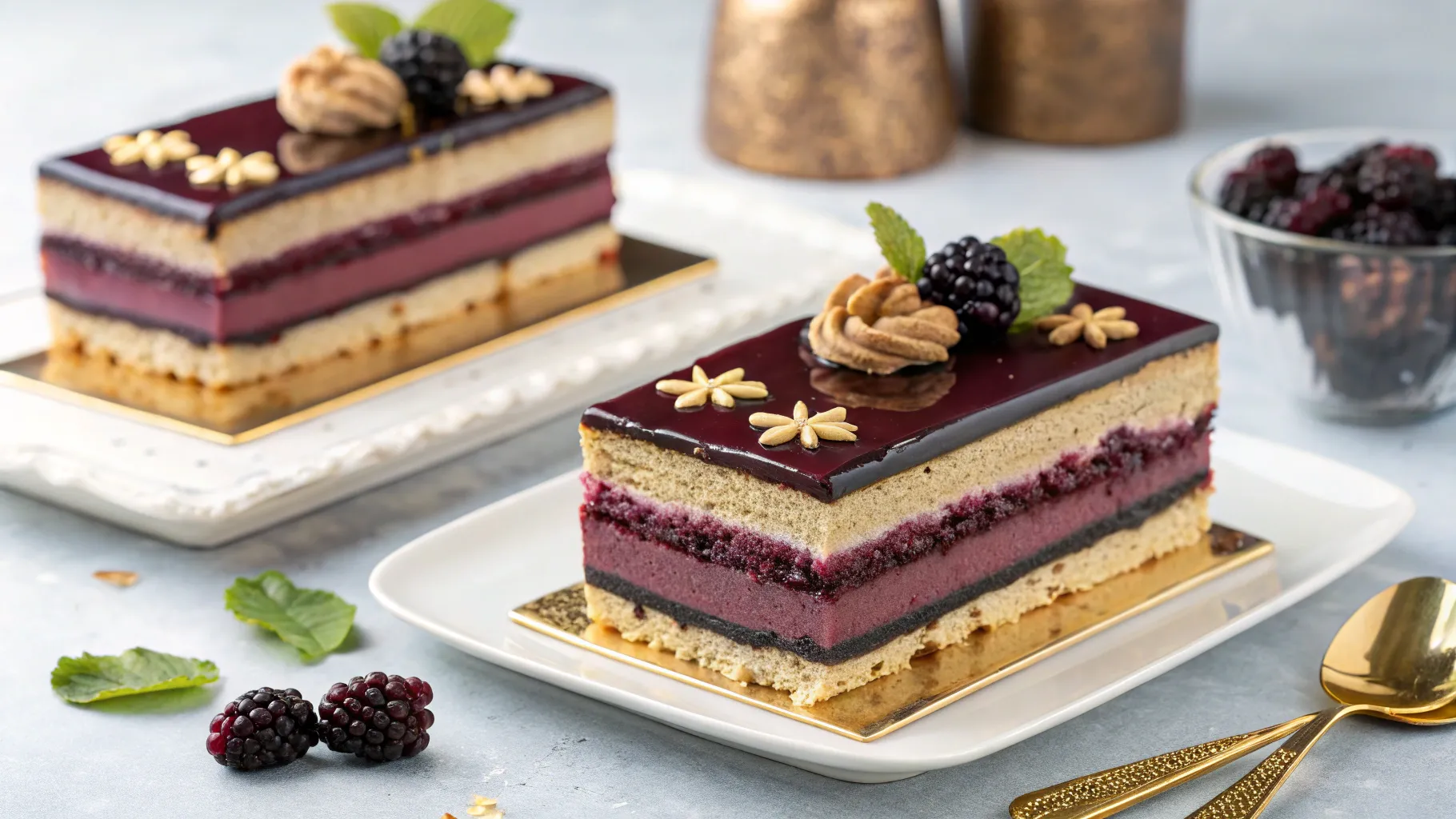 Blackberry Opera Torte with almond sponge, chocolate ganache, and fresh blackberries on top
