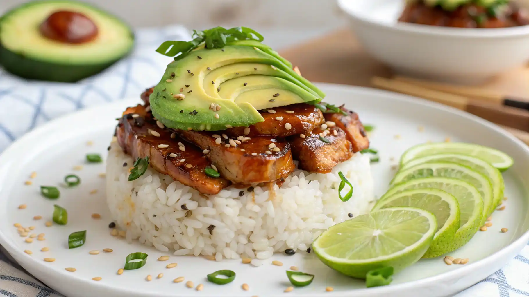 Honey Lime Chicken & Avocado Rice Stack with juicy chicken, creamy avocado, and fluffy rice, beautifully plated for a fresh, colorful meal