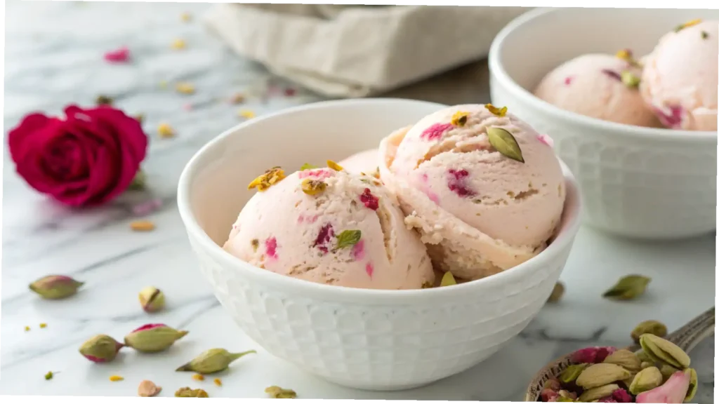 Easy Homemade Rose Ice Cream in a bowl with edible rose petals