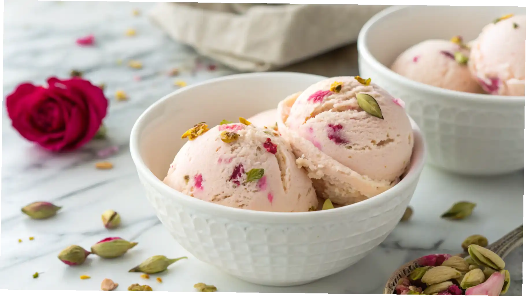 Easy Homemade Rose Ice Cream in a bowl with edible rose petals