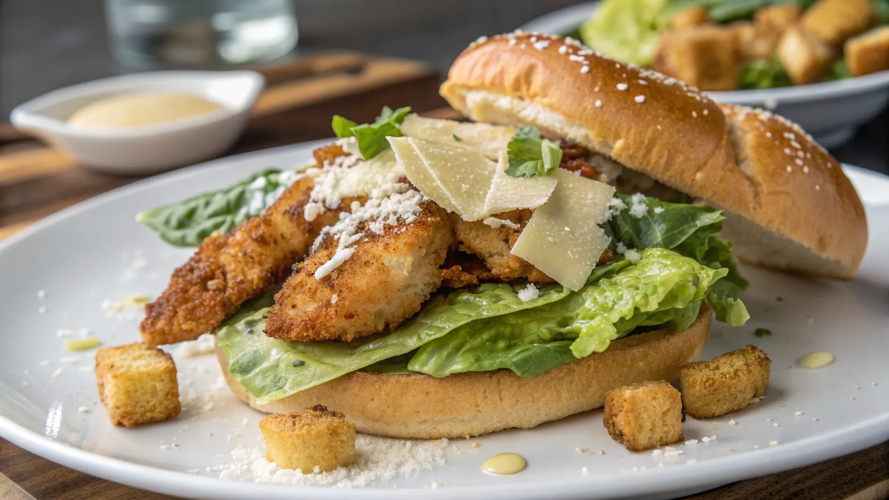 Crispy Chicken Caesar Sandwich with golden breaded chicken, fresh lettuce, and creamy Caesar dressing on a toasted bun
