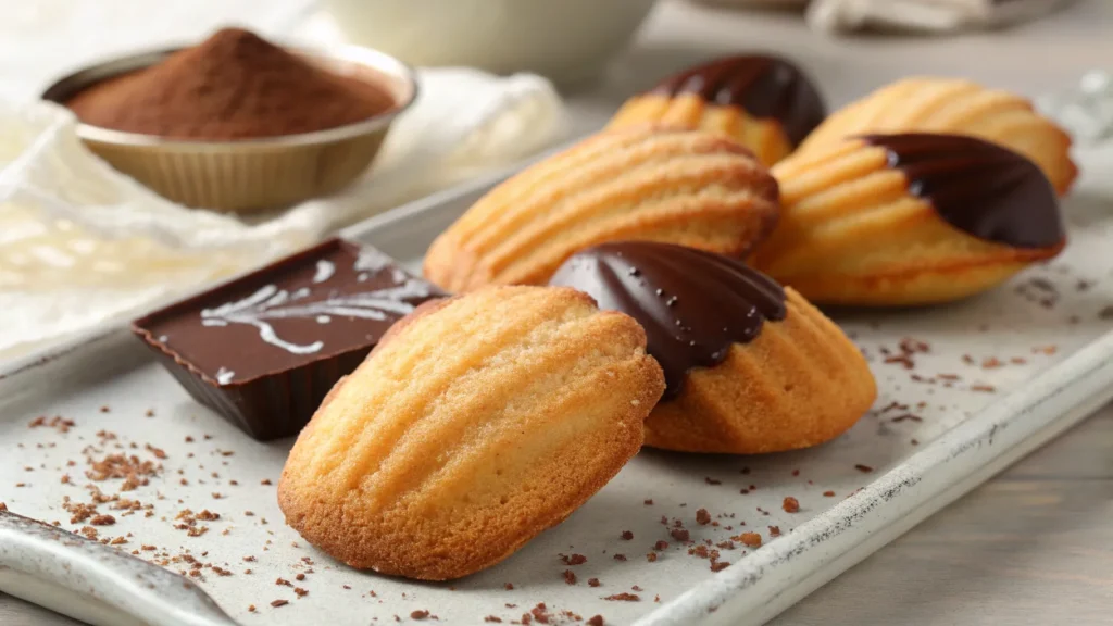French Madeleines with Chocolate on a plate, soft and buttery French tea-time treats