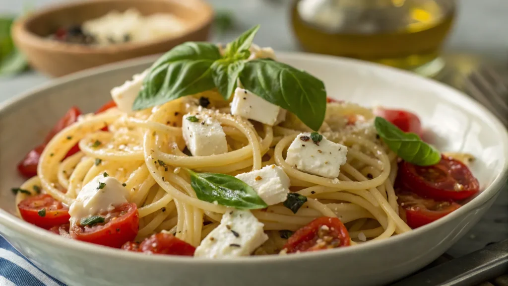 Creamy Feta Pasta with roasted cherry tomatoes, ready to serve in a white bowl, garnished with fresh basil.