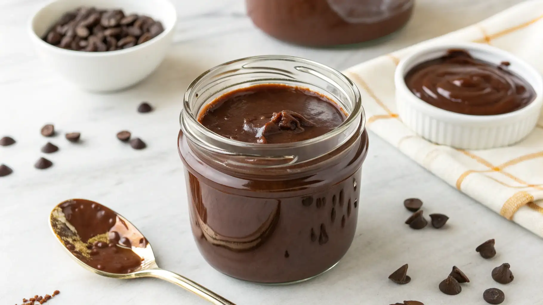 Keto Chocolate Sauce drizzled over pancakes in a glass jar, sugar-free and low-carb dessert topping.