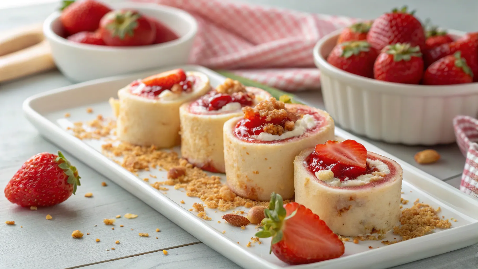 Close-up of Strawberry Shortcake Sushi Roll Dessert with fresh strawberries, cream filling, and strawberry sauce drizzle.