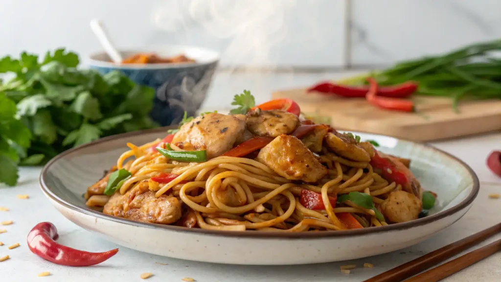 A plate of Sticky Garlic Chicken Noodles with tender chicken, glossy garlic-honey sauce, garnished with green onions and sesame seeds.