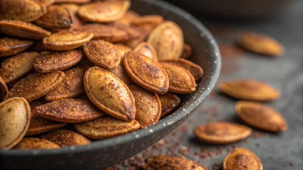 Sweet Cinnamon Sugar Pumpkin Seeds in a bowl, golden and crunchy, perfect for a healthy snack or holiday treat.