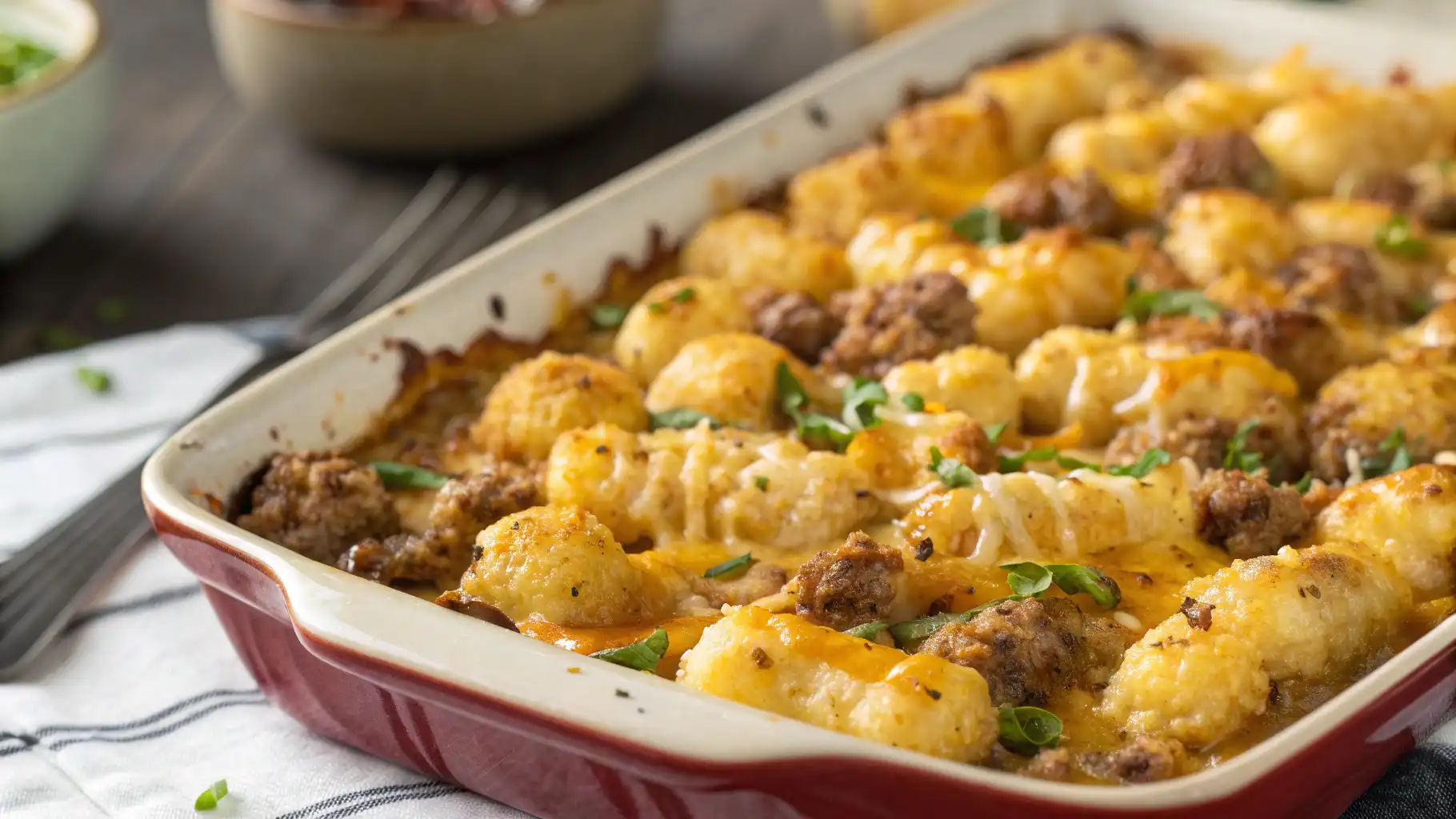 Golden baked Tater Tot Casserole with melted cheddar cheese and crispy tots in a casserole dish