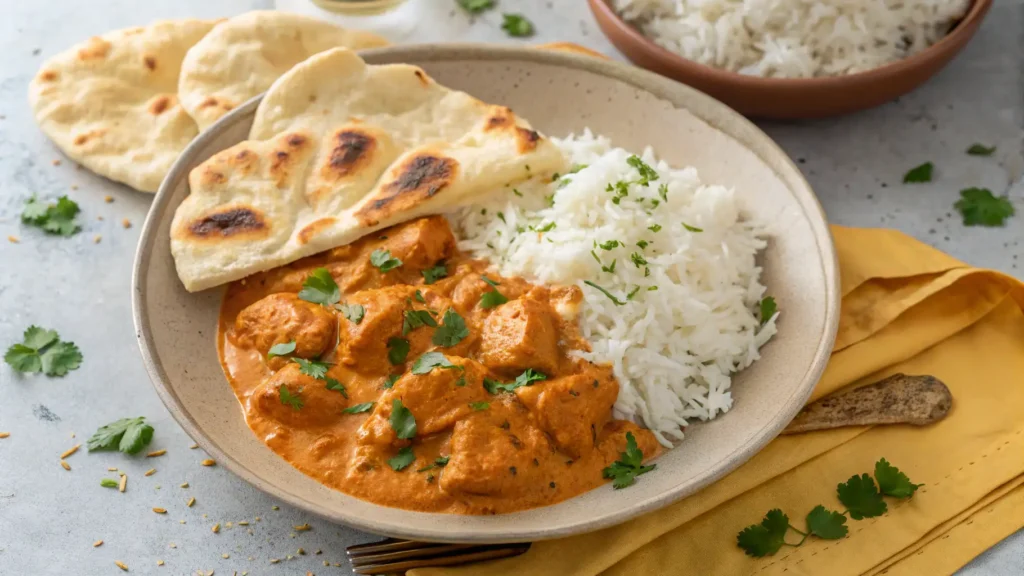 Creamy Homemade Butter Chicken served on a plate with fresh cilantro and naan bread