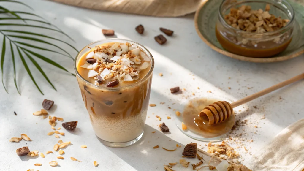 A tall glass of Honey Coconut Cold Coffee Recipe topped with whipped cream and toasted coconut flakes, perfect for a refreshing summer drink.