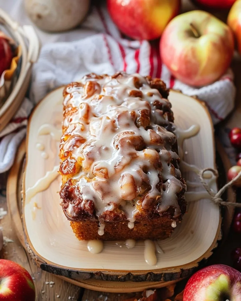A loaf of delicious Amish Apple Fritter Bread with apples and cinnamon.
