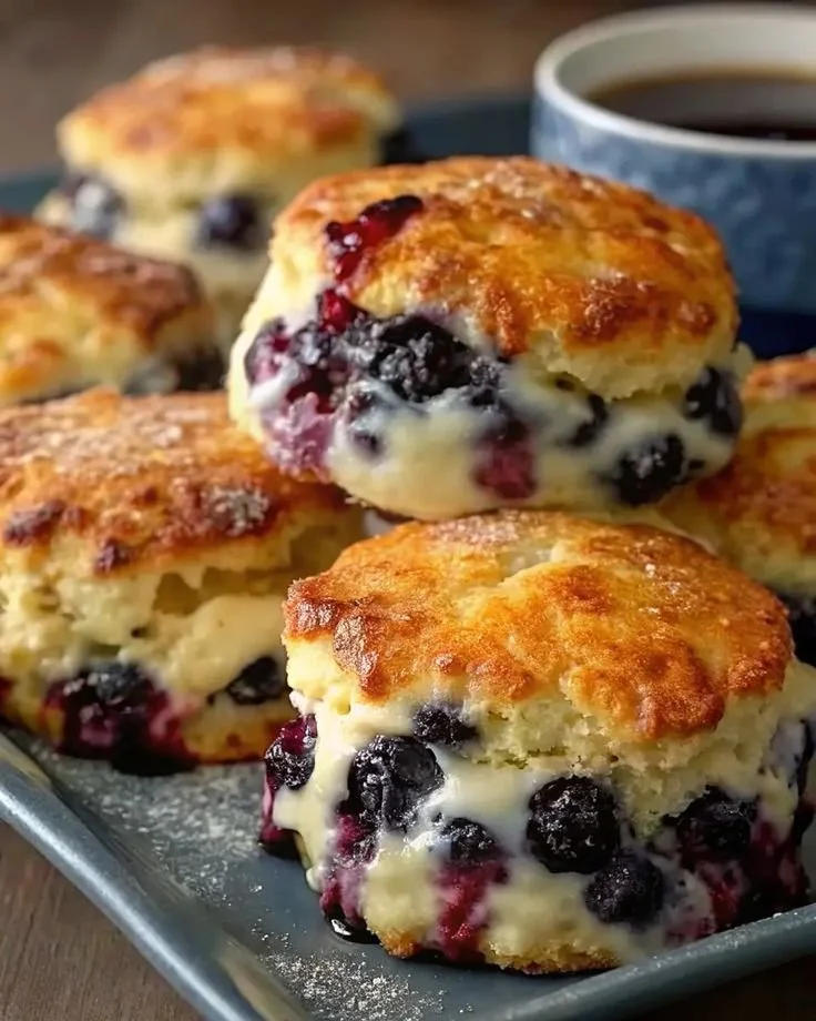 Freshly baked blueberry biscuits on a cooling rack