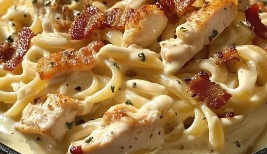 Delicious Chicken Bacon Ranch Pasta with creamy sauce, chicken, and crispy bacon
