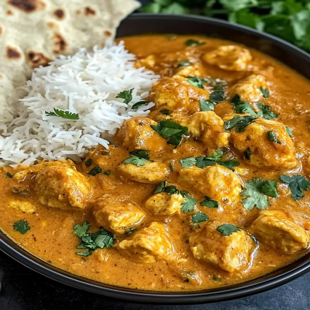 Delicious chicken curry Indian recipe served with rice and naan.