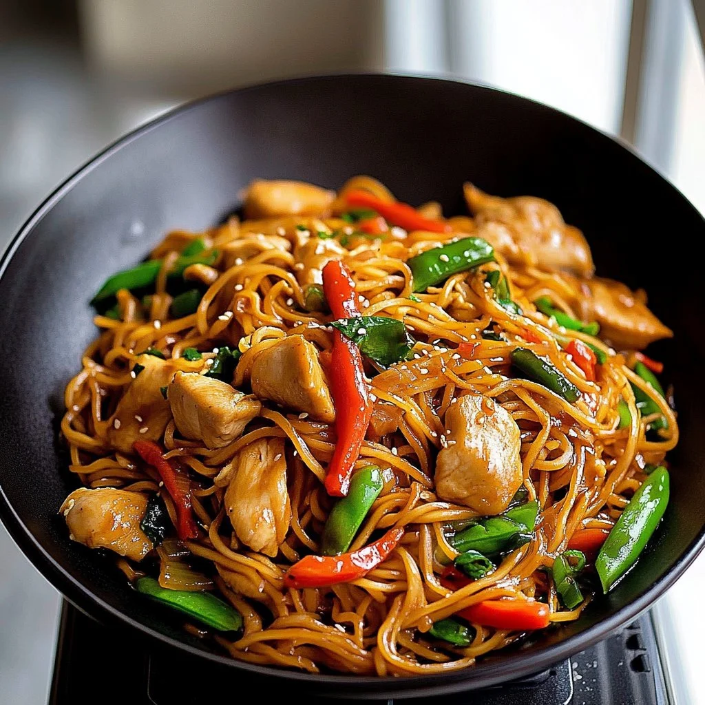 Delicious Chicken Lo Mein stir-fry with vegetables and noodles