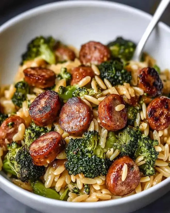 Delicious Chicken Sausage and Broccoli Orzo served in a bowl