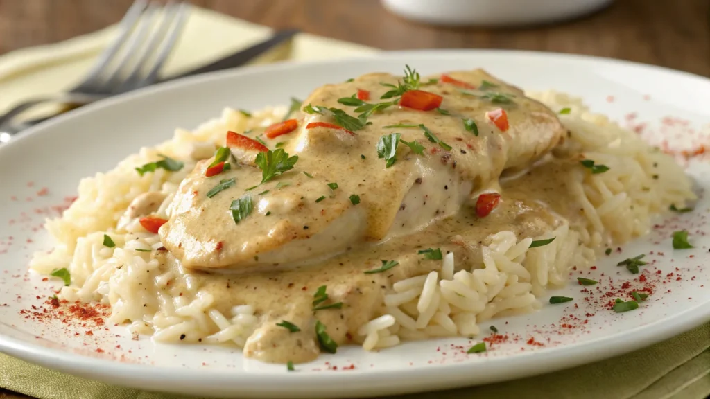 Skillet of creamy smothered chicken and rice with golden chicken breasts and rich, creamy sauce