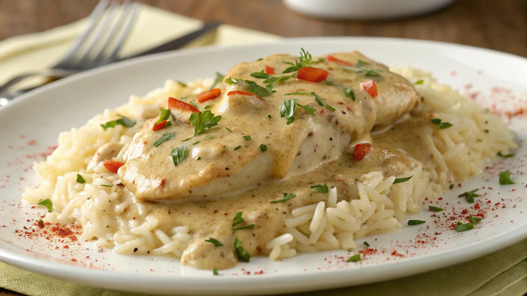 Skillet of creamy smothered chicken and rice with golden chicken breasts and rich, creamy sauce