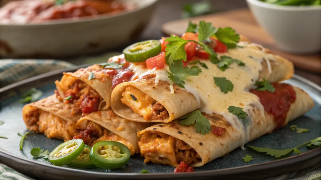 Delicious Chicken Enchiladas with melted cheese and enchilada sauce served on a plate, garnished with cilantro and lime