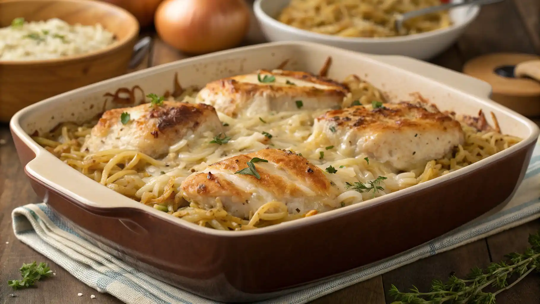 French Onion Chicken Orzo Casserole – Comforting Baked Chicken and Orzo Dinner