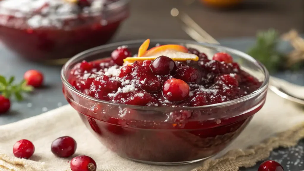 Homemade cranberry sauce served in a bowl, garnished with fresh cranberries.
