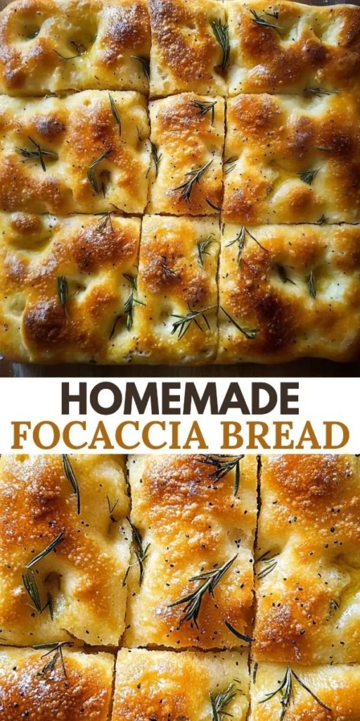Freshly baked homemade focaccia bread topped with herbs and olive oil