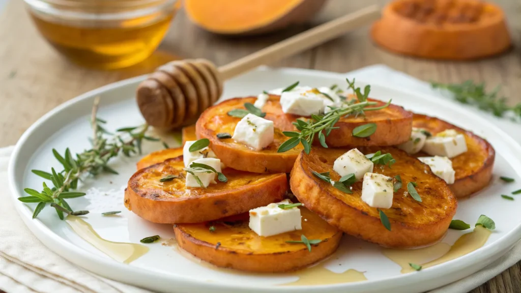 Honey Feta Sweet Potato Rounds beautifully arranged on a platter topped with feta, honey drizzle, and herbs.
